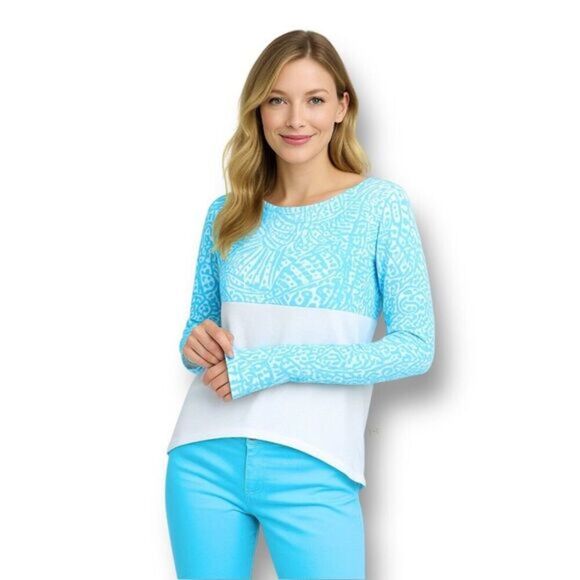 Lilly Pulitzer XXS Blue Sea Print Finn Top Long Sleeve NWOT Coastal Resort Tee - Picture 2 of 8